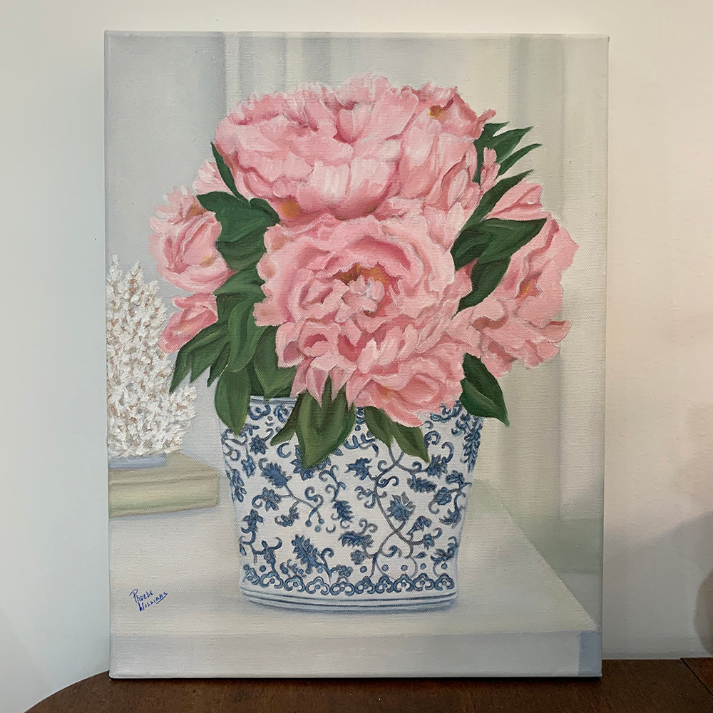 Original Oil painting. Bouquet of  pink peonies in blue and white vase.