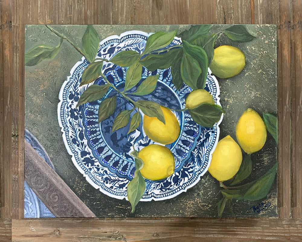 Original Oil painting. Still life of lemons on a blue and white plate.