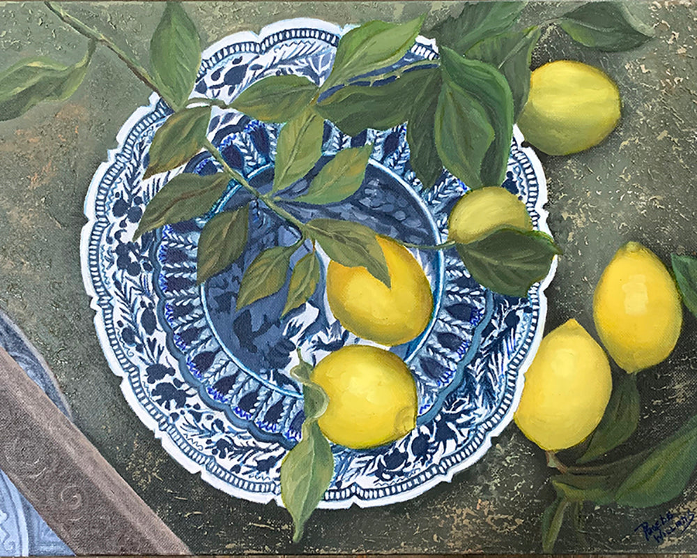 Original Oil painting. Still life of lemons on a blue and white plate.