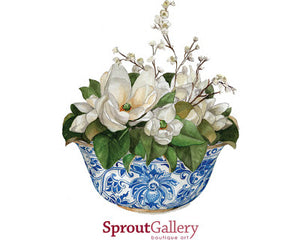Magnolias in blue and white bowl