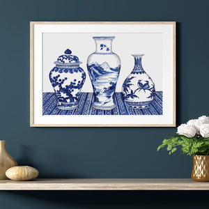 Original Watercolour Painting of Blue and White ornate vases & Mings