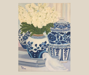 Original Oil painting blue and white vignette with Dove