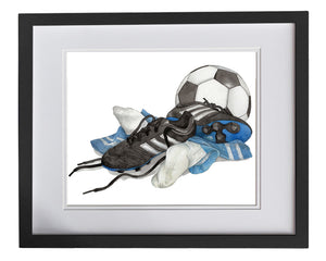 Soccer artwork print with blue socks, shoes and ball.