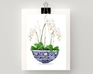 Print of blue and white bowl of orchids
