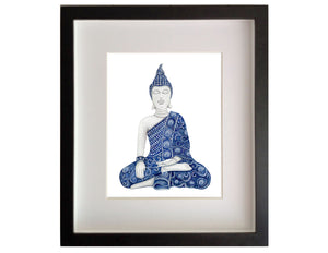 Print of blue and white Buddha meditating in the Earth-Touching pose