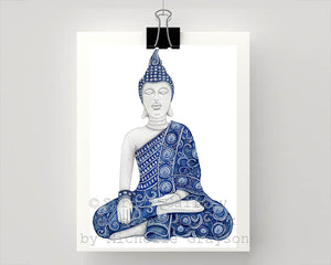Print of blue and white Buddha meditating in the Earth-Touching pose