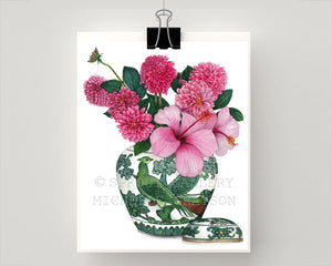 Print of decorative green and white jar with dahlias and pink hibiscus flowers