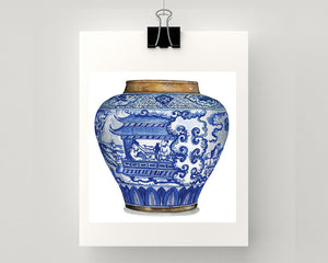 Print of blue and white fat china vase with cute little china men