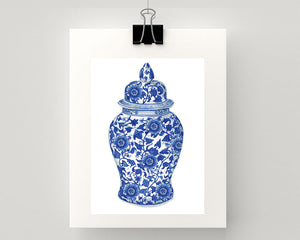 Print of Blue and white Ming china vase with flower and leaf