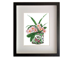 Print of pink frangipanis antique green and pink caddy