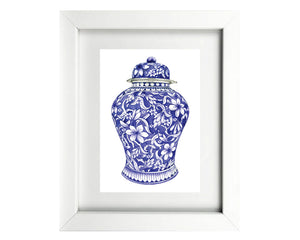 Print of Blue and white ming vase with frangipani flowers