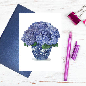 A blue and white chinoiserie vase of hydrangeas greeting card