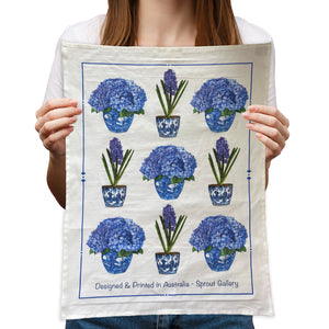 Tea Towel of hydrangeas and hyacinths in blue and white chinoiserie pots