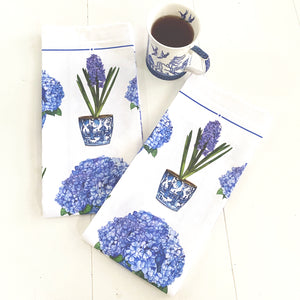 Tea Towel of hydrangeas and hyacinths in blue and white chinoiserie pots