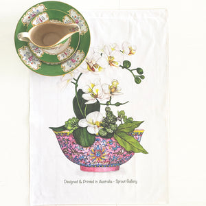Tea Towel of orchids in pink chinoiserie antique bowl