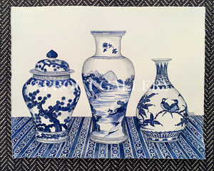 Original Watercolour Painting of Blue and White ornate vases & Mings