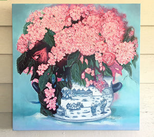 Original oil on canvas pink hydrangeas in blue and white pot