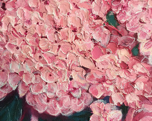 Original oil on canvas pink hydrangeas in blue and white pot