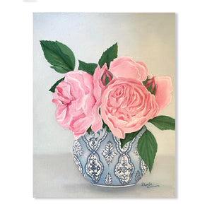 Original Oil painting peonies in blue and white vase