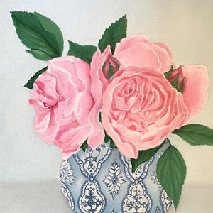 Original Oil painting peonies in blue and white vase