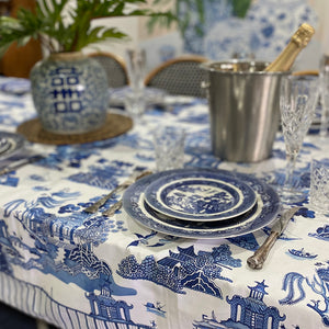 Blue and white Willow pattern tablecloth