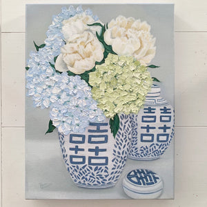 Original Oil painting of blue and white Double Happiness vignette