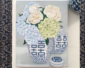 Original Oil painting of blue and white Double Happiness vignette