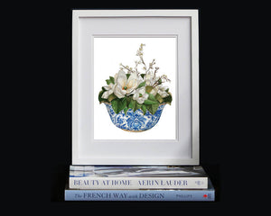 Print of magnolias in a blue and white bowl
