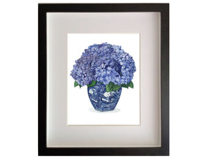 Print of a hydrangeas in blue and white vase