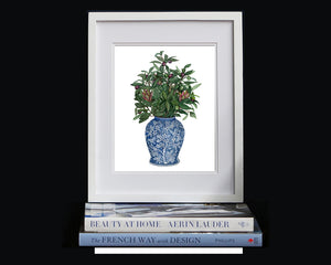 Print of an antique blue and white Delft vase with olive branches