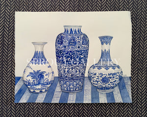 Original Watercolour Painting of Blue and White ornate vases & Mings