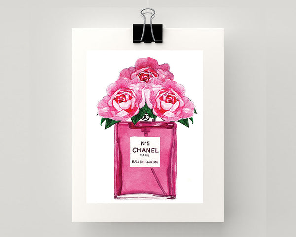 Print of Chanel No 5 perfume with roses - Sprout Gallery