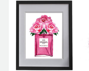 Print of Chanel No 5 perfume with roses