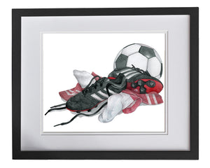Soccer artwork print with red socks, shoes and ball