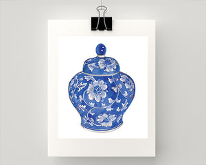 Print of Blue and white Ming china vase with flower print
