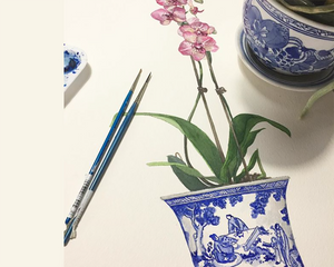 Original Watercolour of Pink Phalaenopsis Orchid In A Blue and White Pot