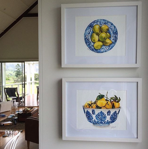 Print of lemons in a blue and white bowl