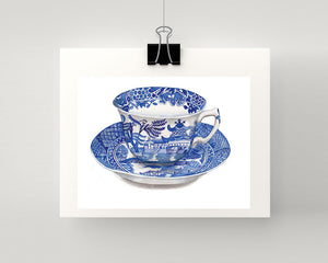 Print of blue and white china teacup and saucer watercolour print