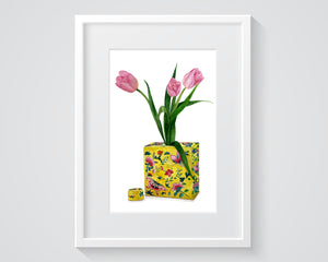 Print of yellow chinese tea caddy with pink tulips