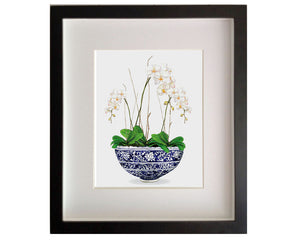 Print of blue and white bowl of orchids
