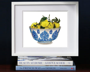 Print of lemons in a blue and white bowl