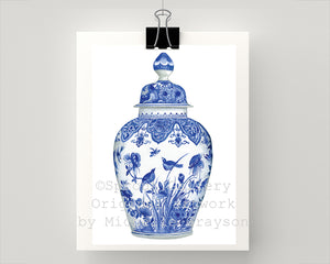 Print of blue and white bird print baluster vase and cover, late 17th century