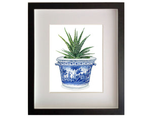 Classic blue and white 18th c. faience pot from Nevers, France with cactus