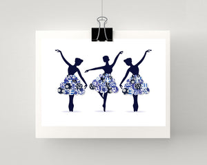 Print of Blue and white chinoiserie ballerina's.