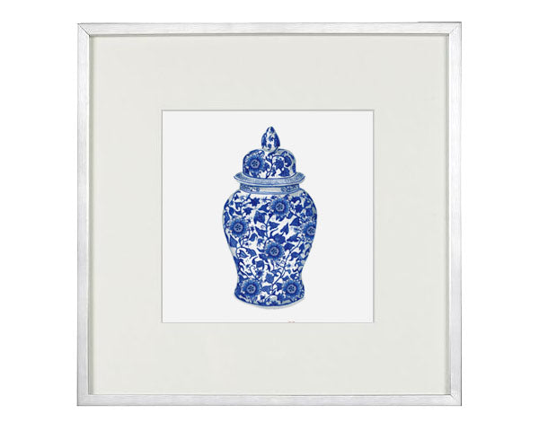 Print of Blue and white Ming china vase with flower and leaf