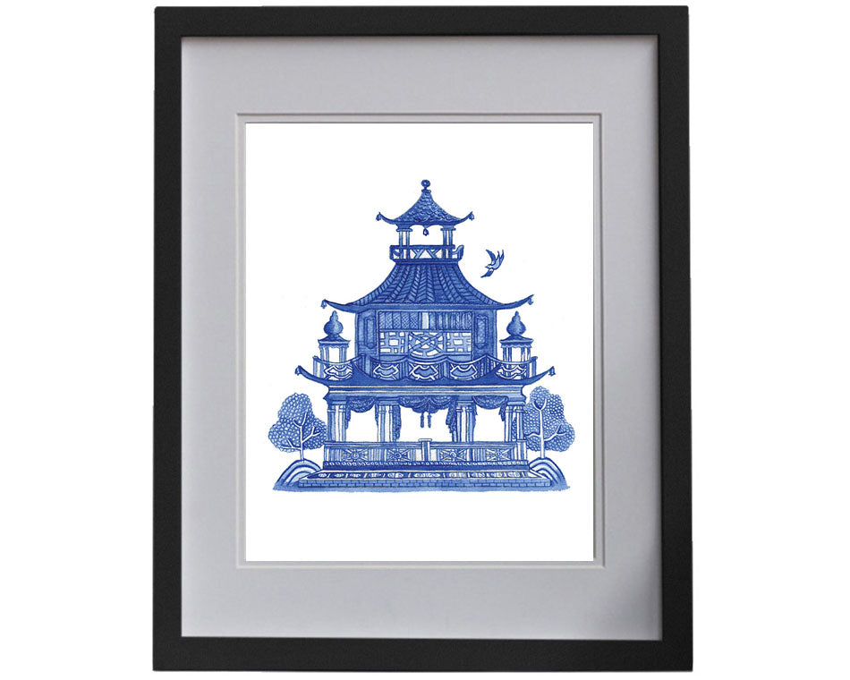 Print of blue chinoiserie pagoda - Sprout Gallery