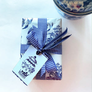 Blue and white cherry ginger jar gift tag with ribbon