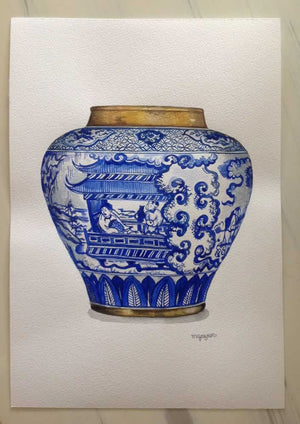 Original Watercolour Painting of Little Chinamen in Blue and White Vase