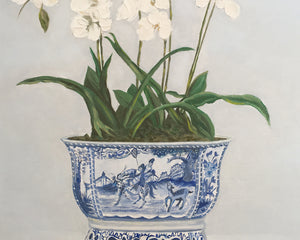 Original Oil painting of Orchids in traditional blue and white pot