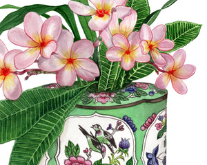 Original watercolour painting of pink frangipani flowers in a antique green a pink ornate Chinese mint green caddy
